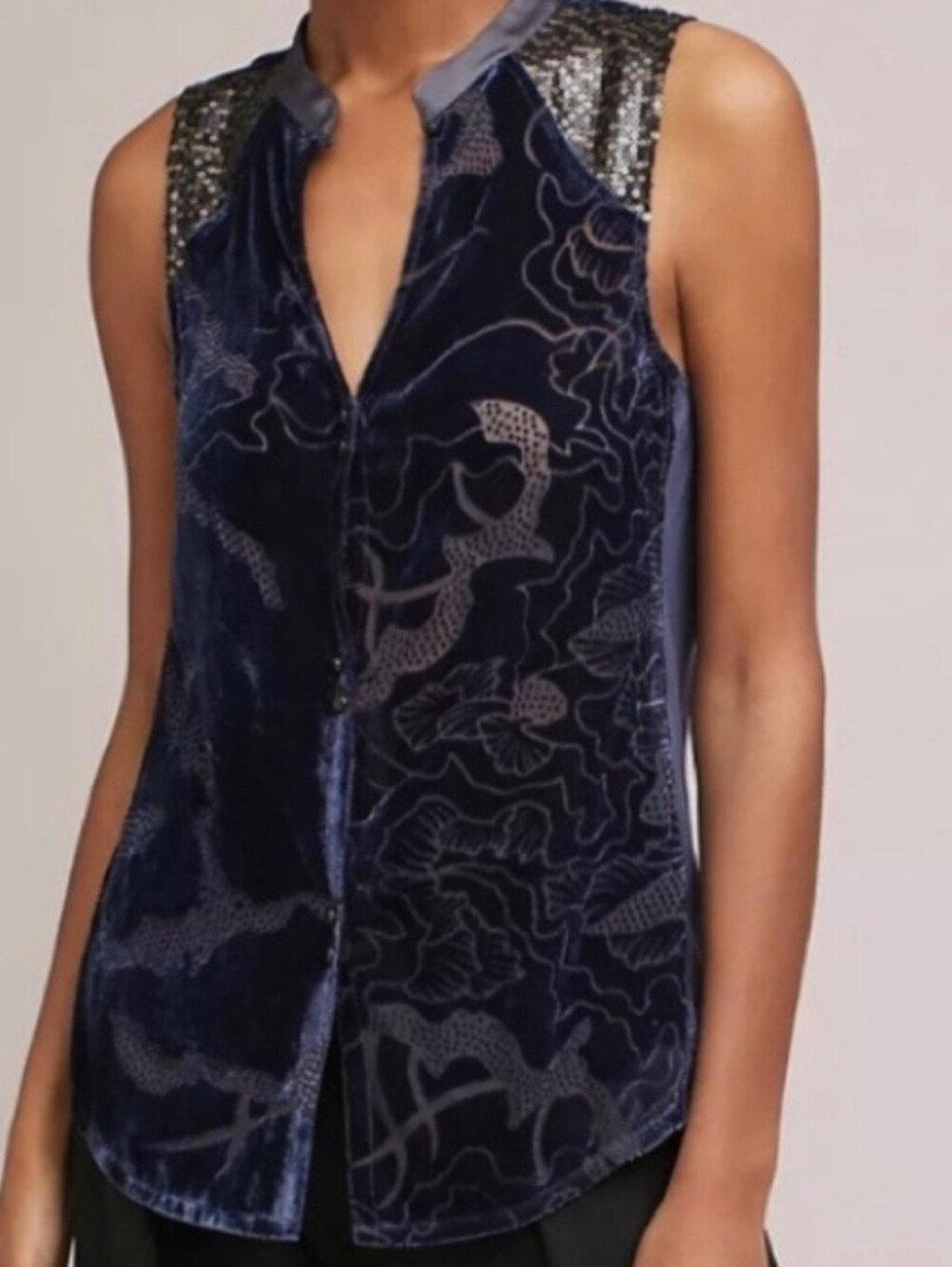 Anthropologie Ileana Navy Blue Burnout Velvet & Sequin Sleeveless Top Size Small